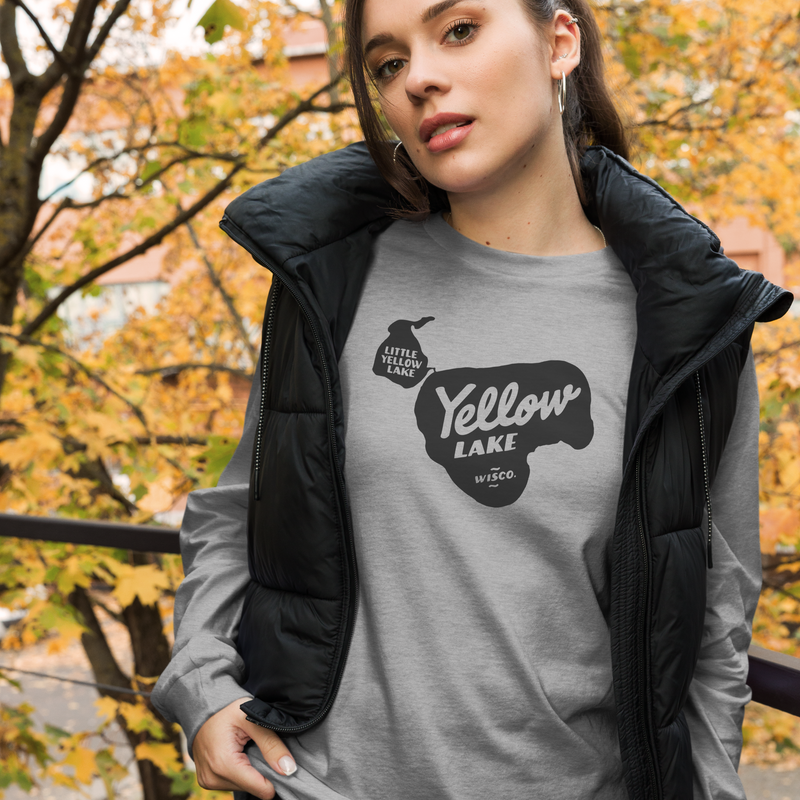 Load image into Gallery viewer, Female model wearing Burnett County Wisconsin Yellow Lake Long Sleeve T-Shirt
