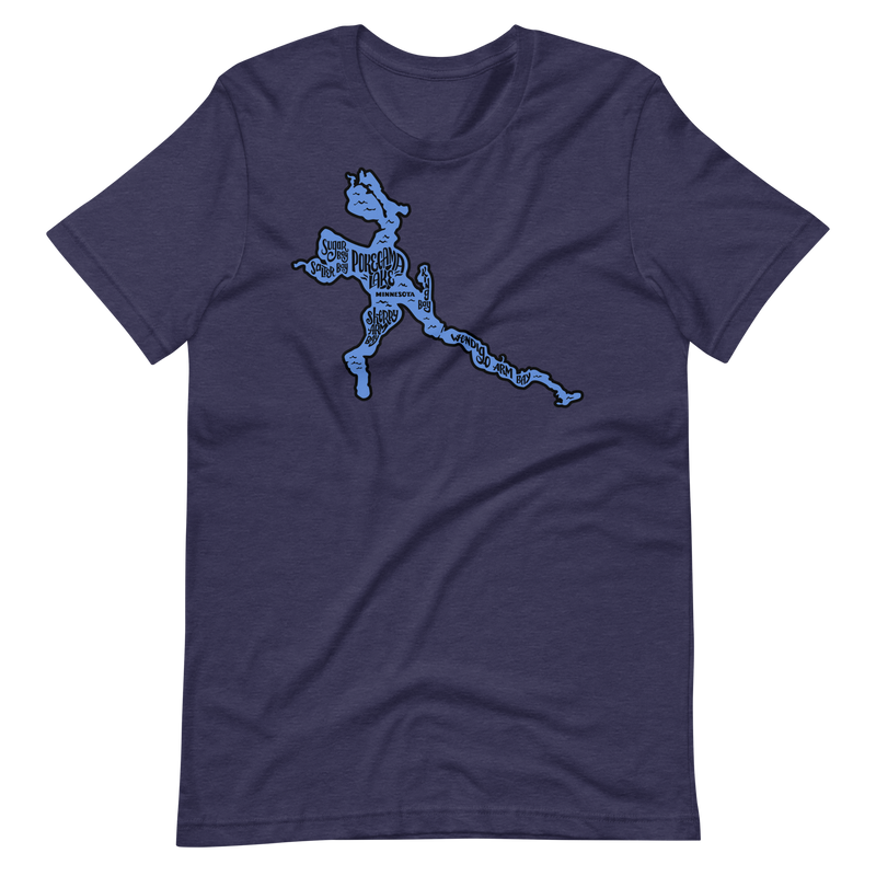 Load image into Gallery viewer, Navy blue lake shirts with Pokegama Lake hand lettered in the shape of the lake.
