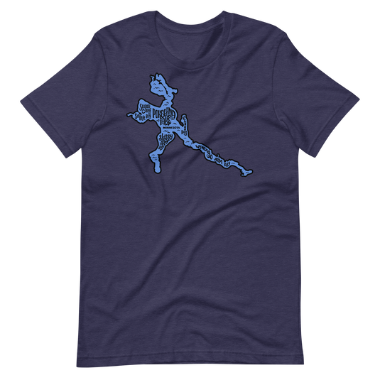 Navy blue lake shirts with Pokegama Lake hand lettered in the shape of the lake.