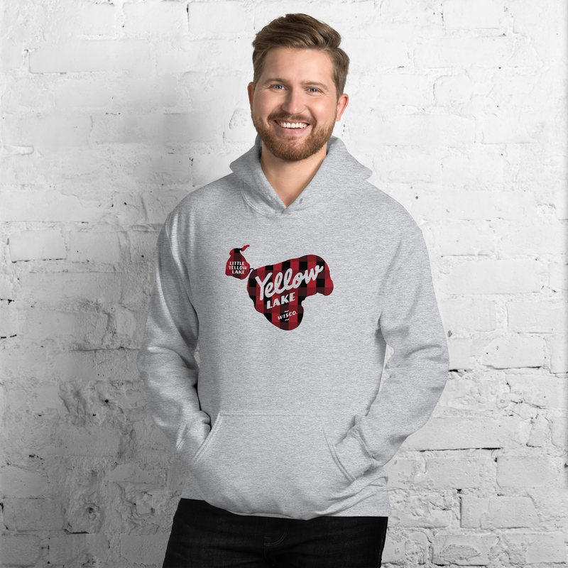 Load image into Gallery viewer, Male model wearing grey Yellow Lake Wisconsin of Burnett County Hoodie with Plaid Design
