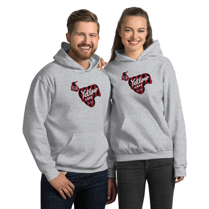 Load image into Gallery viewer, Male and Female wearing Yellow Lake Burnett County Wisconsin Plaid design on Grey Hoodie
