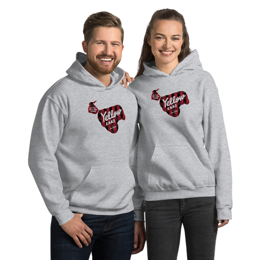 Male and Female wearing Yellow Lake Burnett County Wisconsin Plaid design on Grey Hoodie