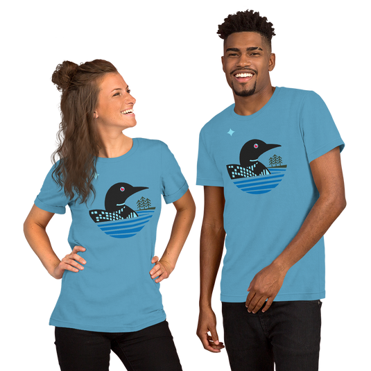 male and female modeling unisex loon star t-shirt ocean blue